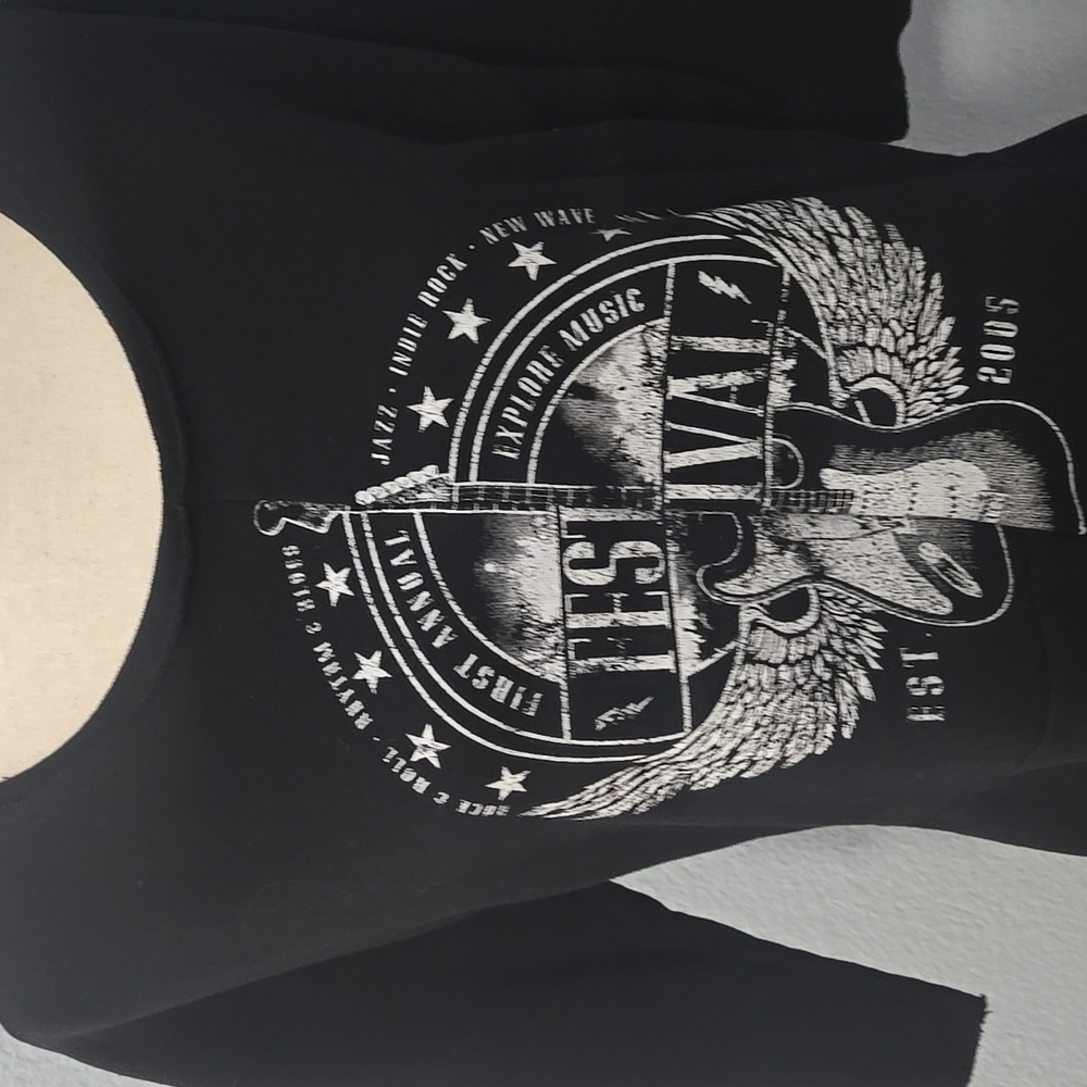 WILLIAM RAST Festival Guitar Graphic Peplum Top Black 1/2 Sleeves Sz Large - Picture 3 of 12